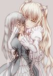  dress eyepatch flower frills hug ishikkoro kirakishou long_hair multiple_girls rose rozen_maiden silver_hair suigintou tongue white_hair yellow_eyes 