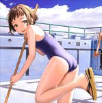  black_eyes bob_cut brown_hair cleaning empty_pool mop murata_renji non-web_source one-piece_swimsuit pool robot_(manga) sandals school_swimsuit short_hair solo starting_block swimsuit 