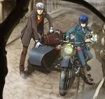  1girl androgynous blue_eyes blue_hair boots cabbie_hat coat crossdressing crossover detective gloves grey_hair ground_vehicle hat looking_at_viewer mizuno_(hal0527) motor_vehicle motorcycle narukami_yuu necktie pants persona persona_4 reverse_trap shirogane_naoto short_hair sidecar standing suitcase trench_coat vest 