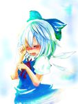  aqua_hair blush bow cirno closed_eyes crying hair_bow ice negiko open_mouth solo tears touhou 