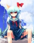  blue_hair breasts cleavage cloud day ex-keine horns kamishirasawa_keine large_breasts light_rays long_hair red_eyes ribbon shin_(new) sitting solo spread_legs sunbeam sunlight touhou wet 