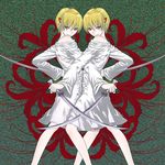  blonde_hair dual_wielding holding kaitou_sai katsuragi_yako majin_tantei_nougami_neuro multiple_girls red_eyes short_hair sword symmetry weapon yuuma_(yuusaikaden) 