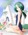  :o akimoto_komachi amraam120c barefoot bikini blonde_hair blue_hair cloud crossed_arms day eyelashes feet flat_chest from_behind green_eyes green_hair hairband kasugano_urara_(yes!_precure_5) long_hair looking_at_viewer looking_back minazuki_karen multiple_girls natsuki_rin navel one-piece_swimsuit palm_tree pink_hair ponytail precure school_swimsuit signature sitting sky soles swimsuit toes tree wariza yes!_precure_5 yumehara_nozomi 