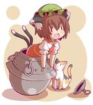 animal_ears bad_id bad_pixiv_id cat cat_ears cat_tail chen chibi fang kitsune_choukan multiple_tails open_mouth pot solo tail touhou |_| 