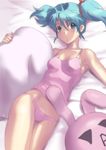  aqua_eyes aqua_hair bed bed_sheet camisole char's_counterattack gundam izumi_rion lying pajamas panties pillow pink_panties quess_paraya solo stuffed_animal stuffed_bunny stuffed_toy twintails underwear underwear_only uneven_twintails 