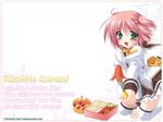  fangs food fork green_eyes kneeling non-web_source nonohara_ehon obentou pink_hair rounded_corners school_uniform short_hair solo tako-san_wiener thighhighs tsukushite_ageru_no! twintails wallpaper 