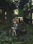  bag barefoot child copyright_request indoors letter overgrown plant ruins scenery school_uniform solo tree twintails usami_miki 