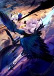  armor armored_dress crown detached_sleeves feathers gwendolyn kito_(coyo) odin_sphere polearm purple_eyes serious short_hair sky weapon white_hair wings 