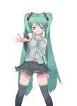  absurdres detached_sleeves green_eyes green_hair green_nails hands hatsune_miku highres long_hair miniskirt nail_polish necktie outstretched_arm outstretched_hand reaching skirt smile solo thighhighs twintails very_long_hair violent_panda vocaloid zettai_ryouiki 