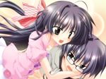  1girl asanagi_no_aquanauts black_eyes black_hair brother_and_sister casual emoto_aki emoto_yuriko game_cg glasses hug long_hair non-web_source short_hair siblings silver_hair yamino_kenji 