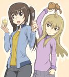  ahoge caryo food fujioka-kuma holding holding_spoon minami-ke minami_chiaki minami_kana multiple_girls nanashino pudding siblings sisters spoon stuffed_animal stuffed_toy 