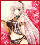  bad_id bad_pixiv_id blue_eyes blush boots breasts detached_sleeves flower headset knee_boots large_breasts long_hair megurine_luka midriff miyako_(artist) nail_polish navel pink_hair rose solo thighhighs very_long_hair vocaloid 