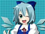 ;d annin_musou aqua_eyes bad_id bad_pixiv_id blue_hair bow cirno hair_bow large_bow one_eye_closed open_mouth plaid plaid_background smile solo touhou wings 