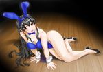  animal_ears bare_legs black_hair brown_eyes bunny_ears bunnysuit long_hair original pekepeke solo 