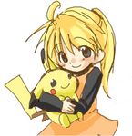  blonde_hair blue_eyes blush child gen_1_pokemon hug lowres non-web_source pika_(pokemon) pikachu pokemon pokemon_(creature) pokemon_special ponytail simple_background smile stuffed_toy white_background yellow_(pokemon) 