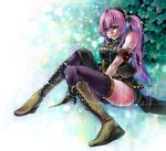  alternate_hairstyle blue_eyes boots headset highres long_hair megurine_luka ponytail sitting solo takanashi_ringo thighhighs vocaloid 