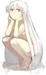  barefoot copyright_request long_hair nude red_eyes sketch solo squatting very_long_hair white_hair yu_65026 