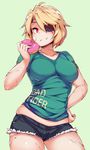  blonde_hair breasts clothes_writing doughnut eating eyepatch food hand_on_hip large_breasts looking_at_viewer md5_mismatch original red_eyes scar shirt short_hair short_shorts shorts skindentation solo t-shirt zako_(arvinry) 
