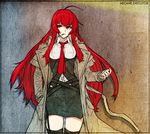  belt breasts cigarette copyright_request expressionless garter_straps large_breasts loliel long_hair miniskirt necktie pencil_skirt red_eyes red_hair shirt skirt solo thighhighs trench_coat very_long_hair vest zettai_ryouiki 