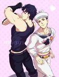  bad_id bad_pixiv_id black_hair dixie_cup_hat fingerless_gloves gloves hat higashikata_jousuke_(jojolion) jojo_no_kimyou_na_bouken jojolion jonathan_joestar lipstick makeup military_hat multiple_boys pose sailor smskt_25 