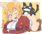  animal_ears ass blonde_hair blue_eyes bottomless breasts bunny_ears bunny_tail charlotte_e_yeager implied_sex kani_club large_breasts long_hair miyafuji_yoshika one_eye_closed silhouette_demon smile strike_witches tail world_witches_series 