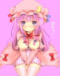  blush bow breasts breasts_outside crescent crescent_hair_ornament hair_ornament hat large_breasts long_hair looking_at_viewer nipples patchouli_knowledge purple_background purple_eyes purple_hair simple_background solo thighhighs touhou v_arms white_legwear yumemomosaka 
