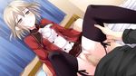  1girl bed blush brown_eyes brown_hair censored game_cg ko~cha penis pillow pussy saimon_eclair sex short_hair thighhighs vaginal witch&#039;s_garden witch's_garden 