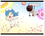  bandage barefoot blue_hair brown_hair chibi cleavage mask nurse nurse_outfit painwheel_(skullgirls) ponytail qipao red_eyes skullgirls valentine_(skullgirls) 