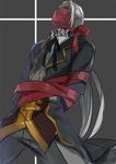  bdsm blazblue bondage bound butler dark_skin dark_skinned_male gagged hyakuhachi_(over3) long_hair male_focus red_ribbon ribbon ribbon_bondage solo split_ponytail valkenhayn_r_hellsing white_hair 