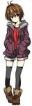  antenna_hair breath brown_eyes brown_hair dodome-iro_mayonnaise fur_trim hair_intakes hands_in_pockets jacket jewelry necklace original pendant short_hair shorts smile solo thighhighs 