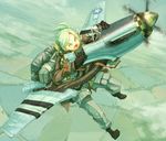  ammunition_belt asterisk_kome blue_eyes boots flying gloves jacket leather leather_jacket mecha_musume open_mouth original p-51_mustang_(personification) pants parachute propeller short_hair solo wings world_war_ii 