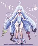  1girl bare_legs collar hips hoshitetsu_ringo jewelry key keyring klefki knees legs leotard long_hair necklace nintendo personification pokemon pokemon_(game) pokemon_xy red_eyes shoes solo translation_request very_long_hair white_hair 