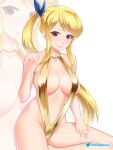 1girl bare_arms bare_legs bare_shoulders blonde_hair blue_ribbon breasts brown_eyes commentary commission english_commentary etchimune fairy_tail hair_ribbon large_breasts looking_at_viewer lucy_heartfilia one-piece_swimsuit pink_lips ribbon side_ponytail slingshot_swimsuit smile solo swimsuit thighs yellow_one-piece_swimsuit zoom_layer 