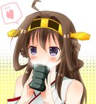  ahoge brown_hair cup detached_sleeves hairband heart japanese_clothes kantai_collection kongou_(kantai_collection) long_hair nontraditional_miko purple_hair smile solo sr_soba yunomi 