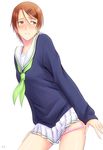  aida_riko blush bonnie_(rsg) brown_eyes brown_hair collarbone hair_ornament hairpin kuroko_no_basuke panties panty_pull pink_panties pleated_skirt school_uniform serafuku short_hair skirt sweater thighs underwear undressing 