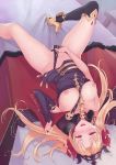 areolae asymmetrical_legwear asymmetrical_sleeves bangs between_breasts black_legwear blonde_hair blush breasts breasts_outside buckle cape cape_grab commentary detached_collar dutch_angle earrings eliskalti ereshkigal_(fate/grand_order) eyebrows_visible_through_hair fate/grand_order fate_(series) fingering fur-trimmed_cape fur_trim hair_ribbon high_heels jewelry long_hair looking_at_viewer lying masturbation multicolored multicolored_cape multicolored_clothes necklace nipples on_back on_bed open_mouth parted_bangs pussy_juice red_cape red_eyes red_ribbon ribbon single_sleeve single_thighhigh skull smile solo spine thighhighs tiara twintails two_side_up 