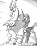  antler antlers armor beard black_and_white crossed_arms cutie_mark discord_(mlp) draconequus equine facial_hair fangs female feral friendship_is_magic frown hair helmet horn horse john_joseco long_hair male mammal monochrome my_little_pony nightmare_moon_(mlp) pony sparkles standing winged_unicorn wings 