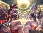  2girls animal_ears braids breasts cape cleavage dark_skin david_lee dress drink elbow_gloves fang fate/grand_order fate_(series) gloves gray_hair green_eyes hat long_hair navel necklace penthesilea purple_hair queen_of_sheba wristwear yellow_eyes 