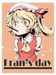  arms_behind_back blonde_hair flandre_scarlet food hat hat_ribbon looking_at_viewer mouth_hold necktie pocky pointy_ears puffy_sleeves red_eyes ribbon short_hair side_ponytail solo tomo_(touajukou) touhou wings 