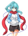  alternate_hairstyle aqua_eyes aqua_hair bad_id bad_pixiv_id hands_in_pockets hatsune_miku headphones highres kiski long_hair looking_at_viewer ponytail red_scarf scarf simple_background skirt smile solo vocaloid white_background 