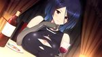  1girl alcohol bare_shoulders blue_hair blush bottle breasts cleavage collar cup curtains dish dress elbow_gloves food game_cg gloves highres large_breasts looking_at_viewer ma-ko_hunter ma?ko_hunter maâ˜†ko_hunter mole munashi_mujou red_eyes short_hair sitting smile table wine 
