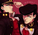  bad_id bad_pixiv_id black_hair blue_eyes earrings gakuran green_lipstick hat higashikata_jousuke jewelry jojo_no_kimyou_na_bouken kuujou_joutarou lipstick makeup multiple_boys pompadour related school_uniform smskt_25 uncle_and_nephew 