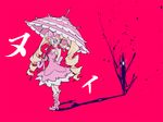  bad_id bad_pixiv_id blonde_hair boots bow dondonco dress drill_hair eyepatch frills hair_bow harime_nui kill_la_kill long_hair parasol pink_bow pink_footwear scissor_blade smile solo spoilers strapless strapless_dress twin_drills twintails umbrella 