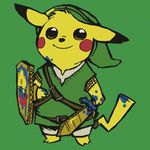  cosplay gen_1_pokemon green_background hat jpeg_artifacts link link_(cosplay) nintendo no_humans paint_splatter pikachu pokemon pokemon_(creature) shield smile sword tail the_legend_of_zelda weapon 