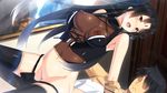  1girl areoale areolae arm_grab bent_over black_hair blush breasts brown_eyes clothed_sex facial_mark fishnets fundoshi game_cg highres large_breasts legs long_hair looking_at_viewer ma-ko_hunter ma?ko_hunter maâ˜†ko_hunter munashi_mujou navel nipples open_mouth saliva sex short_hair thighs vaginal 