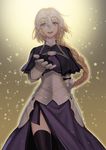  armor armored_dress black_legwear blonde_hair braid briska capelet fate/apocrypha fate_(series) faulds gauntlets headgear jeanne_d'arc_(fate) jeanne_d'arc_(fate)_(all) long_hair long_skirt outstretched_hand purple_eyes side_slit single_braid skirt smile solo thighhighs 