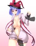  alternate_costume bad_id bad_pixiv_id blush bottomless bow breasts center_opening gradient gradient_background hands hat hat_bow highres hood hoodie large_breasts nagae_iku no_bra no_pants purple_hair red_eyes short_hair simple_background solo touhou yutazou zipper 