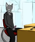  chair city clothing cum cum_on_penis desktop erection feline fur green_eyes grey_fur male mammal masturbation maxxy office penis petkitten sitting solo whiskers white_fur 