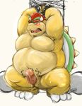  anthro anthrofied barefoot bdsm beige_nose belly bipedal blush bondage bound bowser chain chubby claws erection far hair horn king koopa kotobuki male mario_bros nintendo nude obese open_mouth overweight penis plain_background precum reptile royalty scalie shell solo spikes teeth thick_thighs tongue turtle video_games white_background 