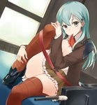  aqua_hair bad_id bad_pixiv_id breasts green_eyes hair_ornament hairclip highres kantai_collection large_breasts legs long_hair mouth_hold panties pantyshot shoes shoulder_pads smile solo suzuya_(kantai_collection) thighhighs thighs tsuzuri_(itosousou) underwear window 